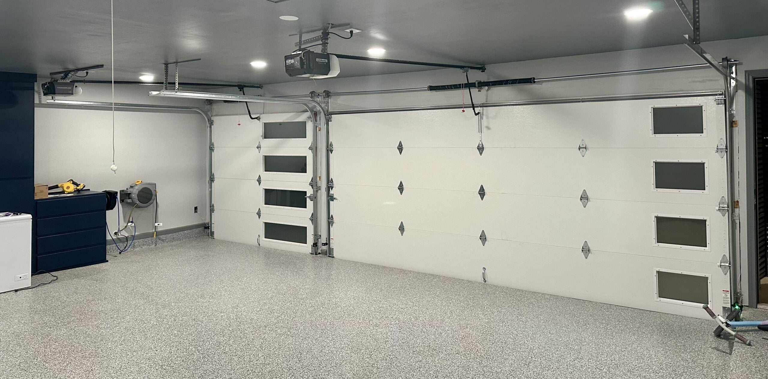 flush-panel-garage-doors-int interior frosted window flush panel garage door at night